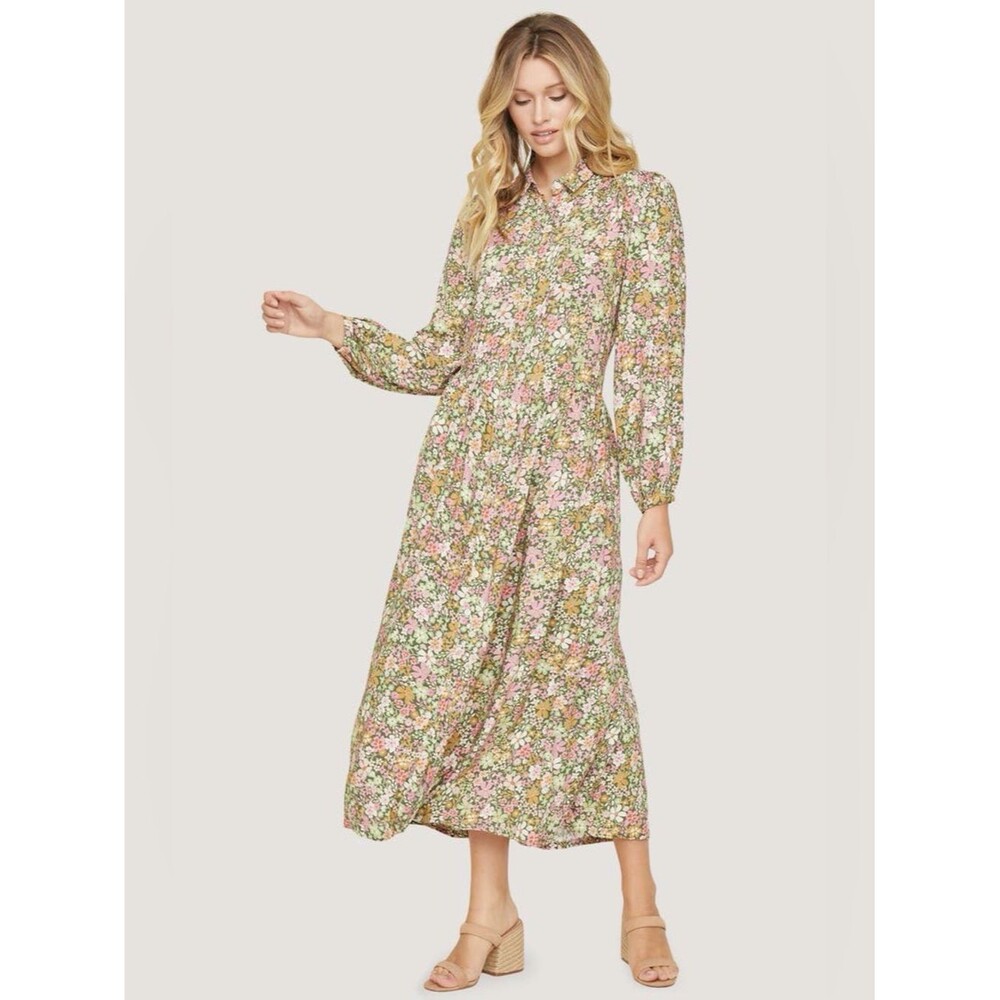 Lost + Wander Floral Maxi Dress Button Front Pockets Boho Cottagecore Size S